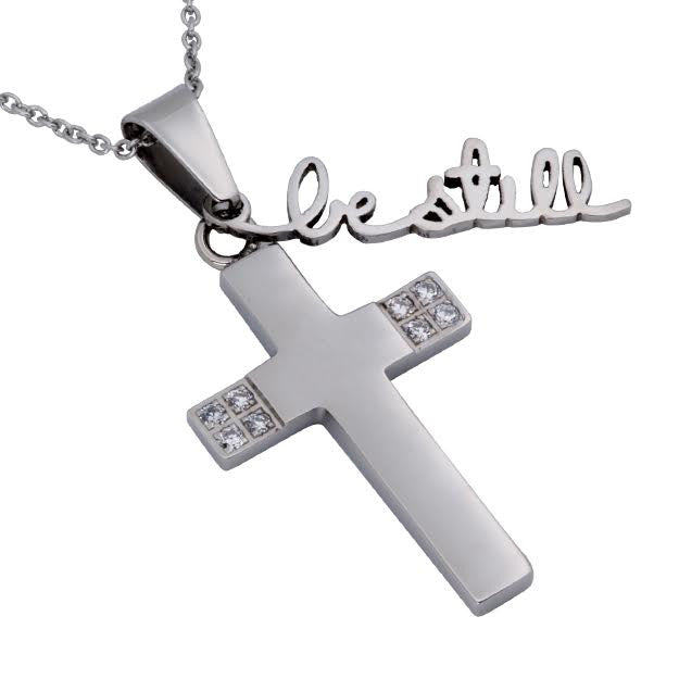 Handwritten BE STILL Cross Necklace, Psalm 46:10, Stainless Steel