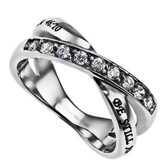 Psalm 46:10 BE STILL Ring, Bible Verse, Criss Cross Stainless Steel with Clear CZ