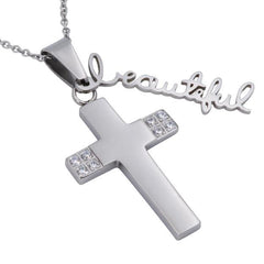 Handwritten BEAUTIFUL Cross Necklace, Bible Verse, Stainless Steel Chain