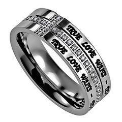 TRUE LOVE WAITS Purity Side Cross Ring with Engraved Bible Verse & CZ Stones