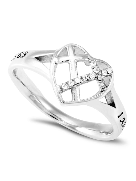 BELOVED Heart Ring for Women with CZ Crosses, Stainless Steel