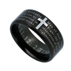 MAN OF GOD Cross Ring, Engraved Bible Verse 1 Timothy, Black Stainless Steel