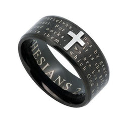 EPHESIANS 2:8,9 Cross Ring for Men, Engraved Bible Verse, Black Stainless Steel