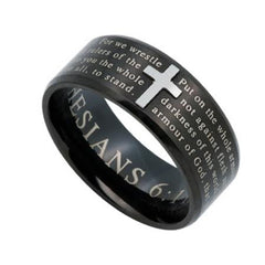 ARMOR OF GOD Scripture Cross Ring for Men, Engraved Bible Verse, Black Stainless Steel