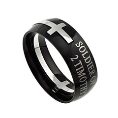 Black Cross Ring, 2 TIMOTHY 2:3,4 SOLDIER OF CHRIST Bible Verse, Stainless Steel