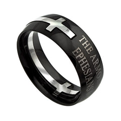 Black Cross Ring, Ephesians 6:10-18 ARMOR OF GOD Bible Verse, Stainless Steel