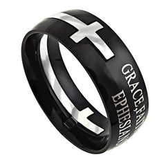Black Cross Ring, Ephesians 2:8,9 GRACE FAITH CHRIST Bible Verse, Stainless Steel