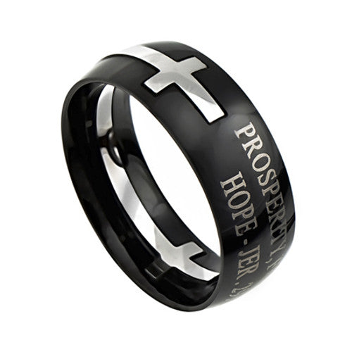 Black Cross Ring, Jeremiah 29:11 PROSPERITY FUTURE HOPE Bible Verse, S ...