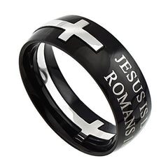 Black Cross Ring, Romans 10:9 JESUS IS LORD Bible Verse, Stainless Steel