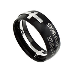 Black Cross Ring, Joshua 1:9 STRONG AND COURAGEOUS Bible Verse, Stainless Steel