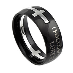 Black Cross Ring, Luke 9:23 I FOLLOW CHRIST Bible Verse, Stainless Steel