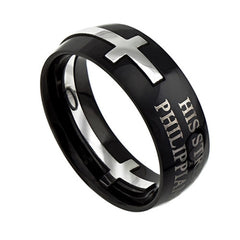 Black Cross Ring, Philippians 4:13 HIS STRENGTH Bible Verse, Stainless Steel