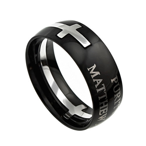 Men's Stainless Steel Bible Verse Cross Bracelet – Black & Silver, 15mm Wide, 8 Inch Adjustable