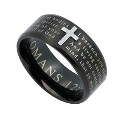 Romans 12:2 Scripture Cross Ring for Men, Engraved Bible Verse, Black Stainless Steel