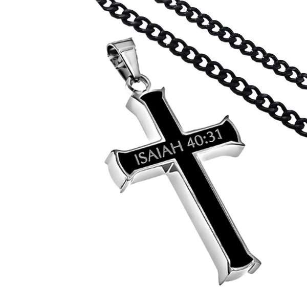 Isaiah 40:31 Jewelry Black Cross Necklace Bible Verse, Stainless Steel with Chain