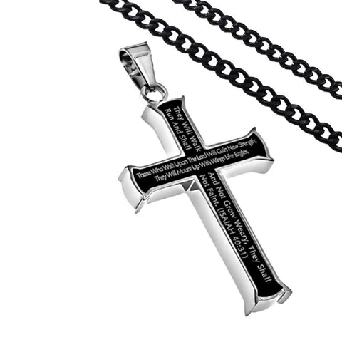 Isaiah 40:31 Jewelry Black Cross Necklace Bible Verse, Stainless Steel with Chain