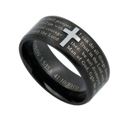 PHILIPPIANS 4:13 & JEREMIAH 29:11 Cross Ring for Men, Engraved Bible Verse, Black Stainless Steel