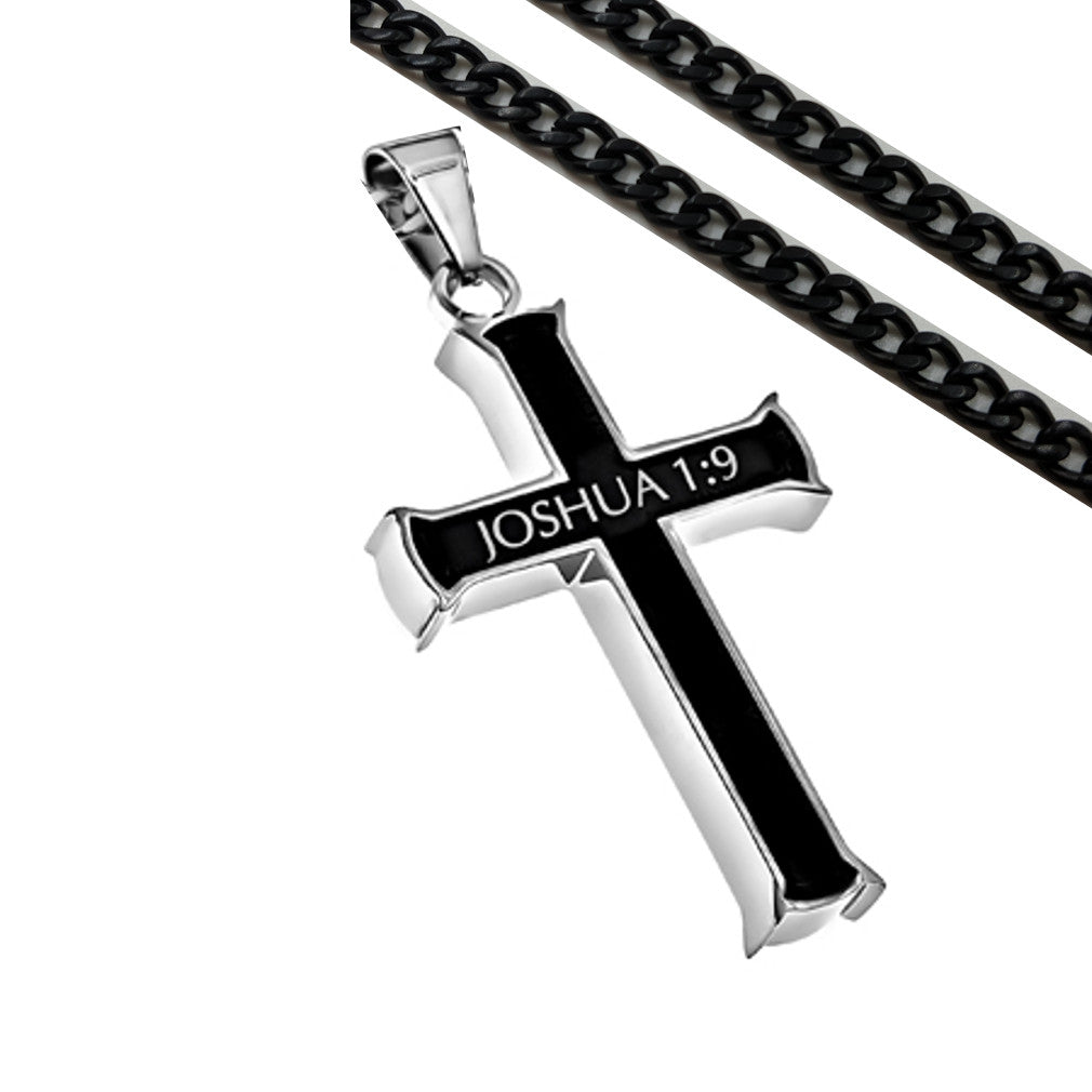 Joshua 1:9 Necklace, MEN Black Steel Cross Pendant, Christian Bible Verse