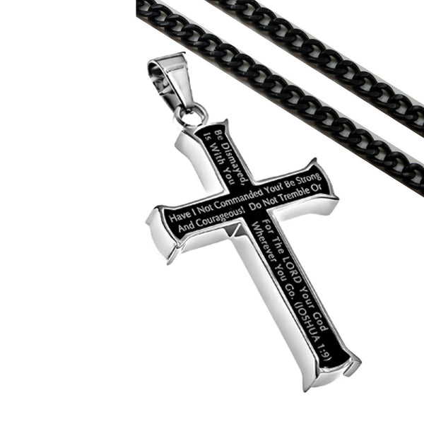 Joshua 1:9 Necklace, MEN Black Steel Cross Pendant, Christian Bible Verse