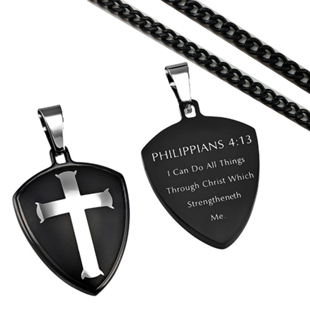 Philippians 4:13 Cross Shield Necklace, Christian Bible Verse, Steel Chain