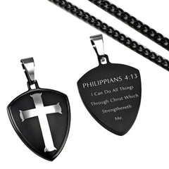 Philippians 4:13 Cross Shield Necklace, Christian Bible Verse, Steel Chain