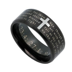 PSALM 23:4 Cross Ring for Men, Engraved Bible Verse, Black Stainless Steel