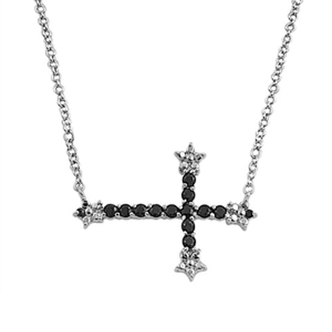Black Sideways Cross Necklace with Stones, 925 Sterling Silver, 16-17" Chain
