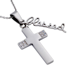 Handwritten BLESSED Cross Necklace, Psalm 34:8, Stainless Steel Chain