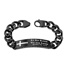 Romans 5:9 Bracelet with Black Cross, BY HIS BLOOD Bible Verse, Stainless Steel Curb