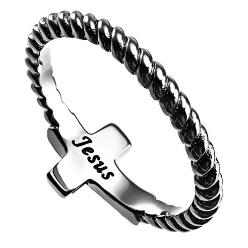 True Love Waits Ring with JESUS Text, Sideways Cross Style