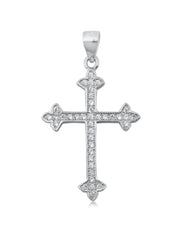 Budded Cross CZ Pendant and Necklace, Sterling Silver 925 with Gift Bag
