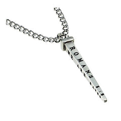 Men's Cross Nail Necklace, Romans 5:9 BY HIS BLOOD, Stainless Steel Curb