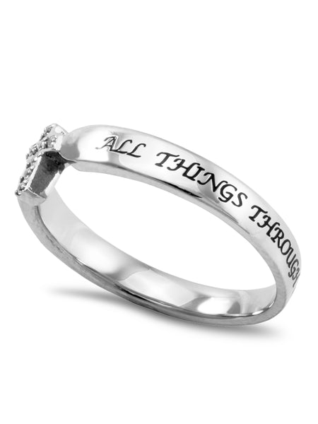 PHILIPPIANS 4:13 Small Cross Ring for Her, Clear CZ Stones, Stainless Steel