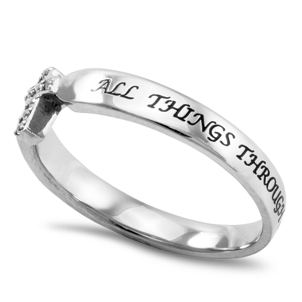 PHILIPPIANS 4:13 Small Cross Ring for Her, Clear CZ Stones, Stainless Steel