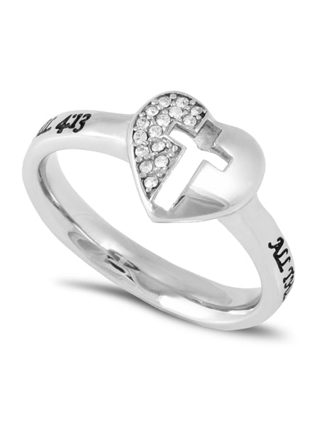 PHILIPPIANS 4:13 Ring with Bible Verse, Heart and Lock in Stainless Steel