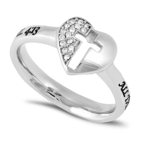 PHILIPPIANS 4:13 Ring with Bible Verse, Heart and Lock in Stainless Steel