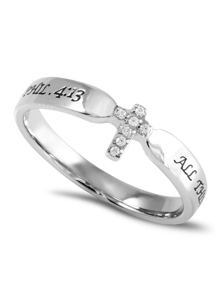 PHILIPPIANS 4:13 Small Cross Ring for Her, Clear CZ Stones, Stainless Steel