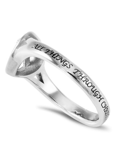 CHRIST MY STRENGTH Heart Ring for Women with CZ Crosses, Stainless Steel
