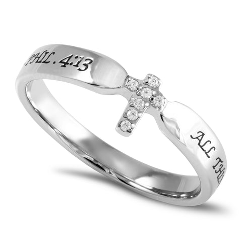 PHILIPPIANS 4:13 Small Cross Ring for Her, Clear CZ Stones, Stainless Steel
