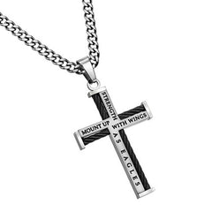 Cable Cross Necklace for Men, Isaiah 40:31 Bible Verse STRENGTH, Stainless Steel Curb Chain