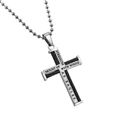 Cable Cross Necklace for Men, Isaiah 40:31 Bible Verse STRENGTH, Stainless Steel Bead Chain