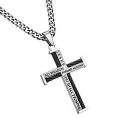 Cable Cross Necklace for Men, Isaiah 54:17 Bible Verse NO WEAPON, Stainless Steel Curb Chain
