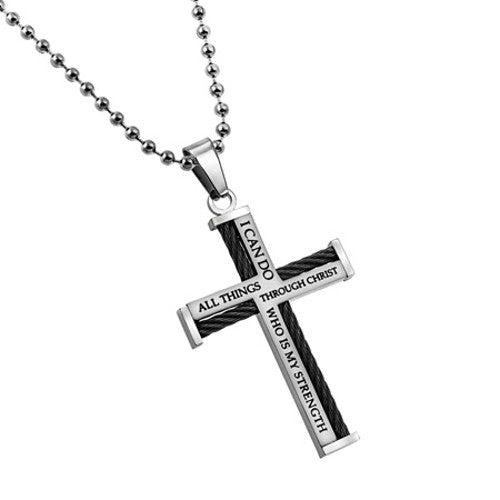 Steel Cable Cross Necklace for Men Philippians 4 13 CHRIST MY STRENGTH North Arrow Shop