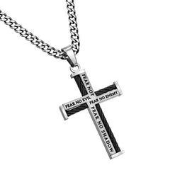 Stainless Steel Cable Cross Necklace for Men, Bible Verse Isaiah 41:10, Psalm 23 FEAR NO EVIL, Chain