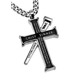 1 TIMOTHY 1:15 Black Cross and Nail Necklace with Bible Verse, Stainless Steel Curb Chain