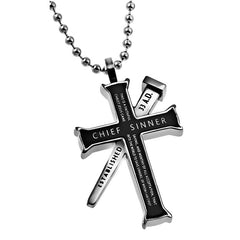 1 TIMOTHY 1:15 Black Cross and Nail Necklace with Bible Verse, Stainless Steel