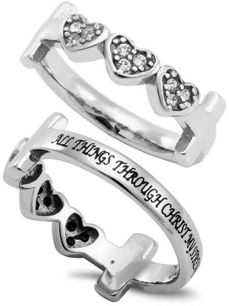 CHRIST MY STRENGTH Cross and Heart Ring with Stones, Stainless Steel