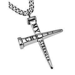 Nail Cross Necklace Bible Verse Philippians 4:13 Christ My Strength Jewelry, Stainless Steel Curb Chain