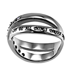 Philippians 4:13 Christ My Strength Ring, Bible Verse, Criss Cross Stainless Steel with Clear CZ