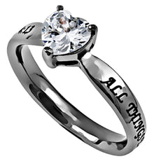 Solitaire Heart CHRIST MY STRENGTH Ring, Christian Bible Verse, Stainless Steel